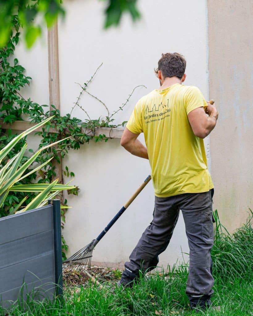 photo d'un jardinier qui ratisse